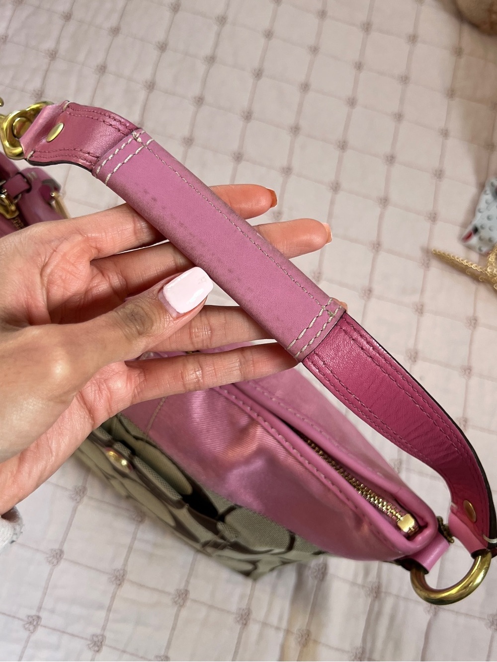 Coach Hobo Bag Medium Pink Khaki Signature Monogram Satin Leather 11957 - Picture 13 of 16